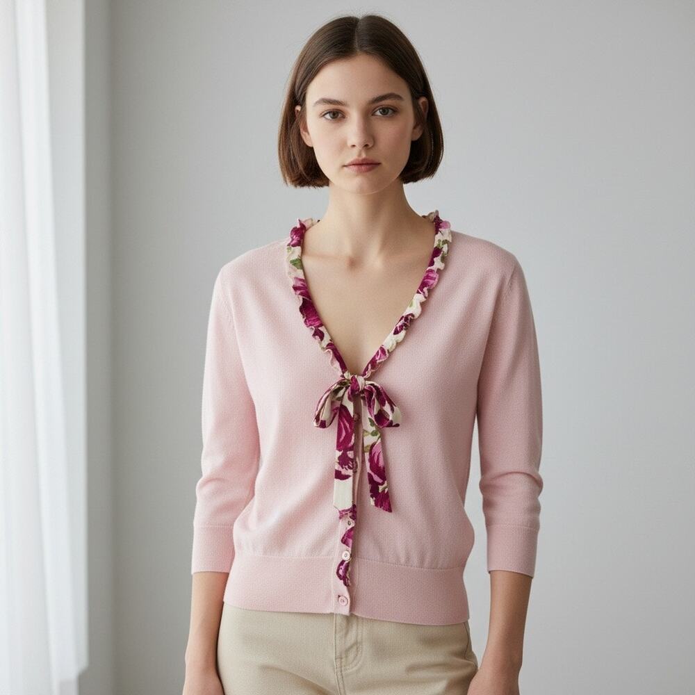 Dolce & Gabbana M pink cardigan 3/4 length sleeves V-neck floral ruffle trim